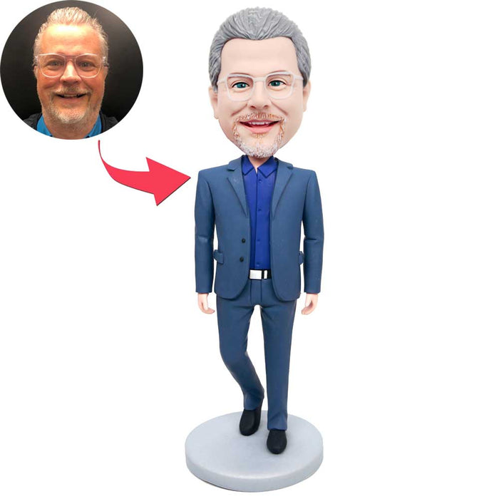 Handsome Walking Business Man In Blue Suit Custom Figure Bobbleheads