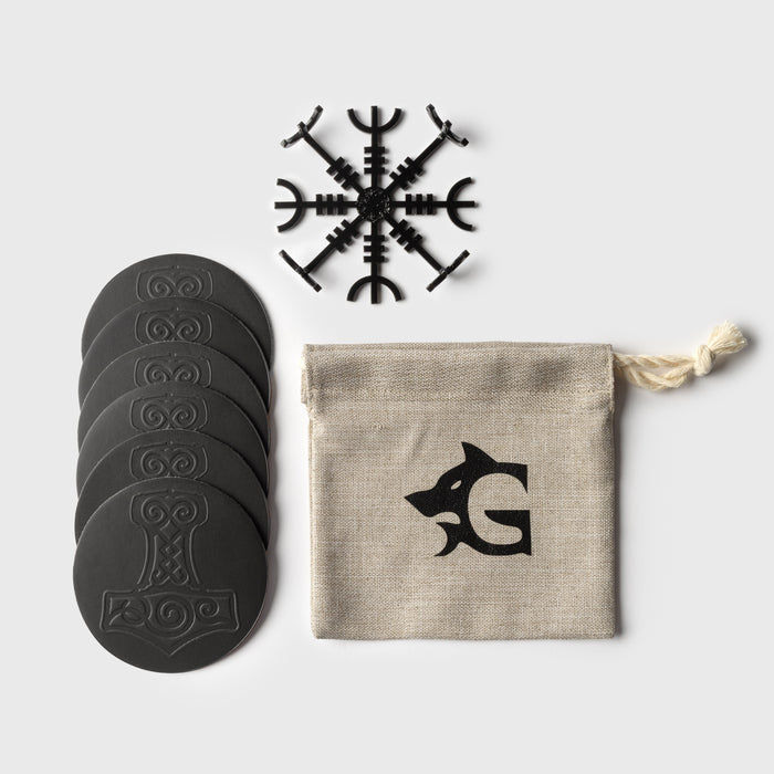 Mjolnir Coaster Set, Black Leather