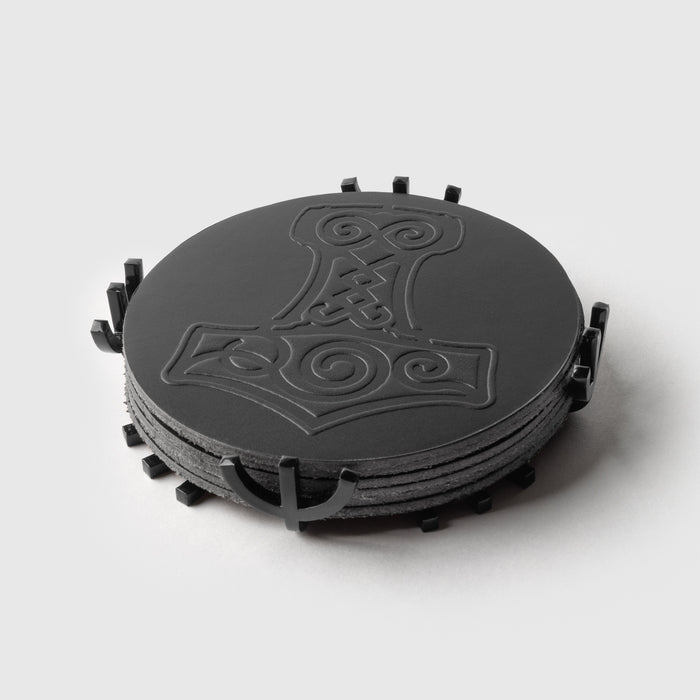 Mjolnir Coaster Set, Black Leather