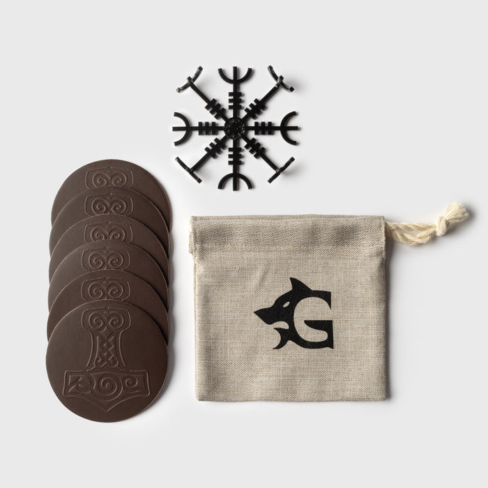 Mjolnir Coaster Set, Dark Brown Leather