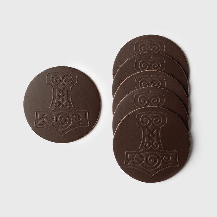Mjolnir Coaster Set, Dark Brown Leather