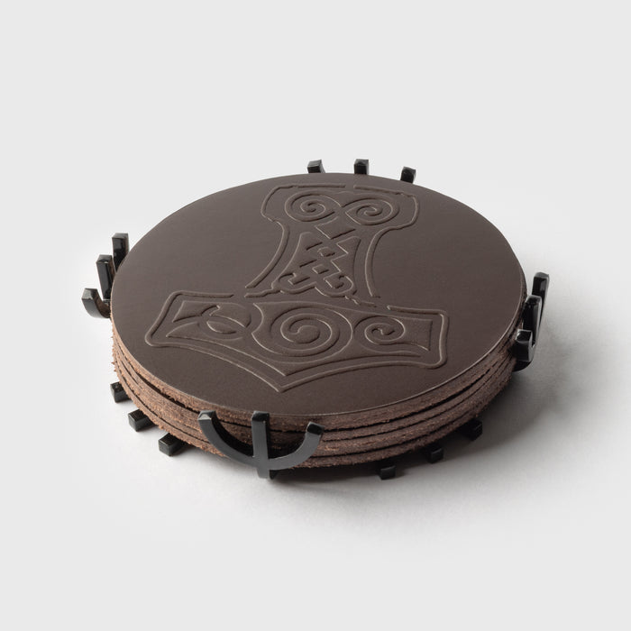 Mjolnir Coaster Set, Dark Brown Leather
