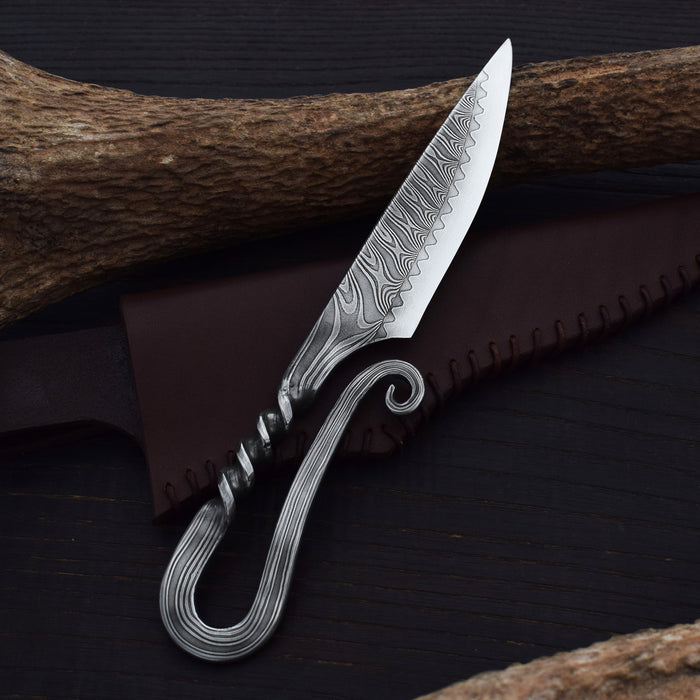 Premium Pattern-Welded Krumknife, Artisan Leather Holder