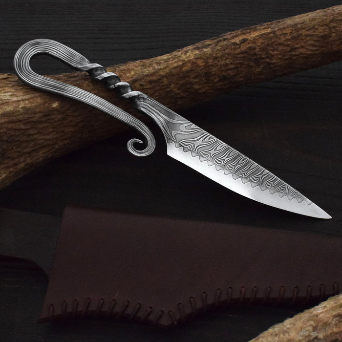 Premium Pattern-Welded Krumknife, Artisan Leather Holder