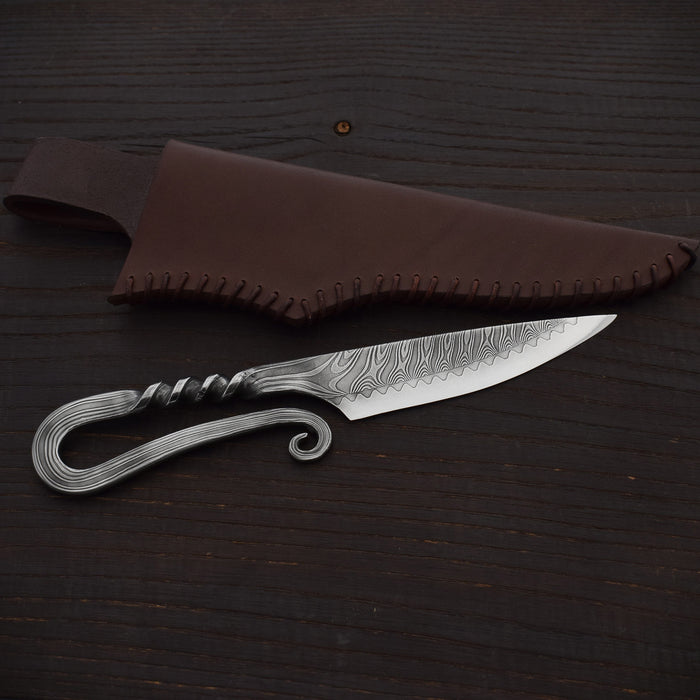 Premium Pattern-Welded Krumknife, Artisan Leather Holder