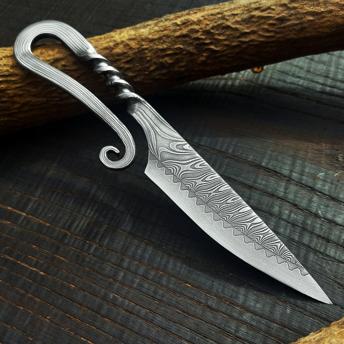 Premium Pattern-Welded Krumknife, Artisan Leather Holder