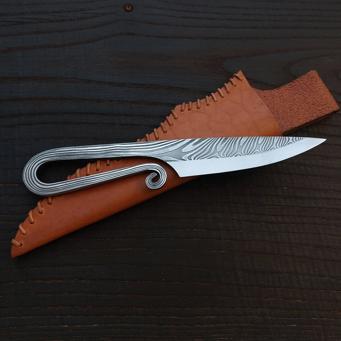 Premium Pattern-Welded Krumknife, Chesnut Brown Sheath