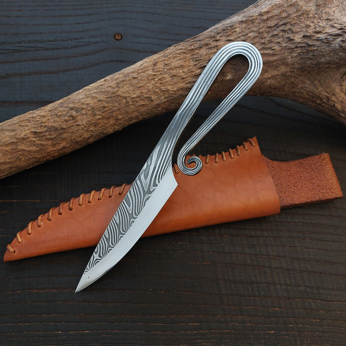Premium Pattern-Welded Krumknife, Chesnut Brown Sheath
