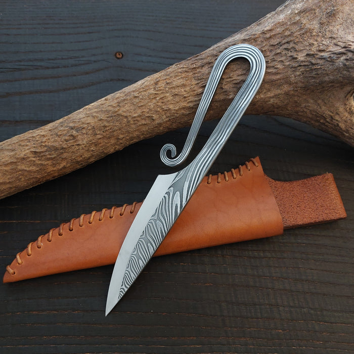 Premium Pattern-Welded Krumknife, Chesnut Brown Sheath