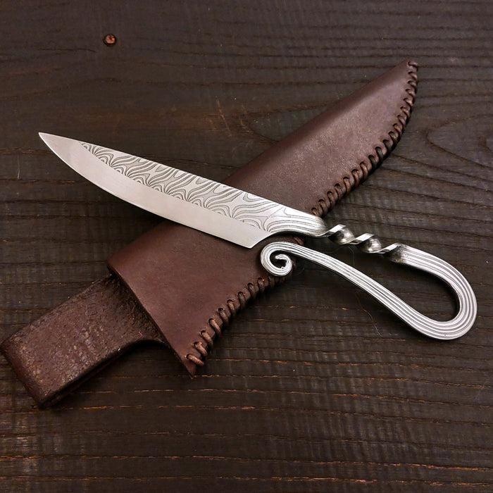 Premium Pattern-Welded Krumknife, Cognac Brown Sheath