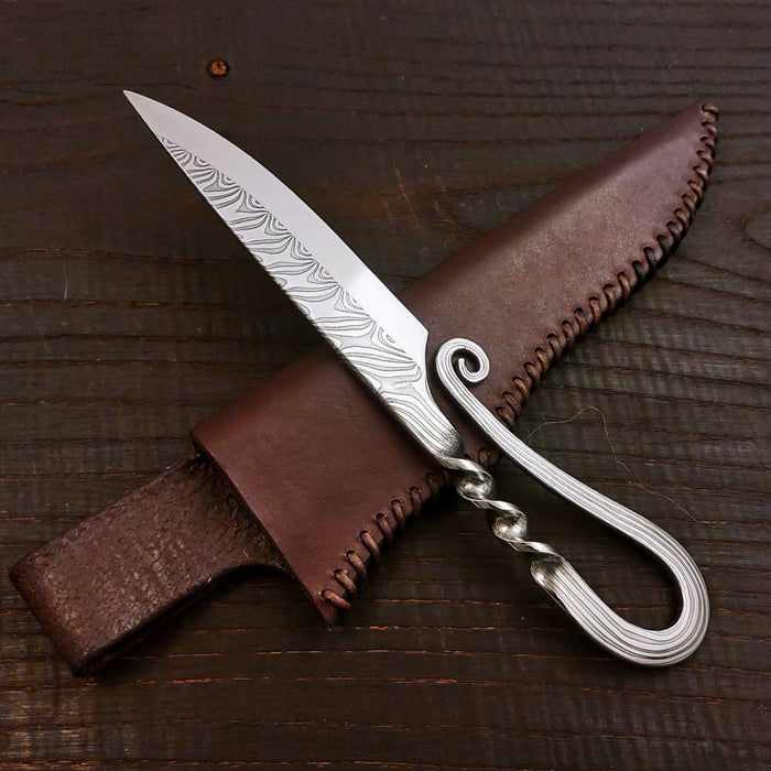 Premium Pattern-Welded Krumknife, Cognac Brown Sheath