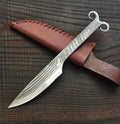 Premium Pattern-Welded Ram's Horns Knife, Cognac Brown Sheath